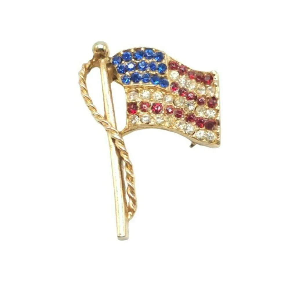 Red White Blue Rhinestones American USA Flag Brooch Pin Gold Tone Vintage K